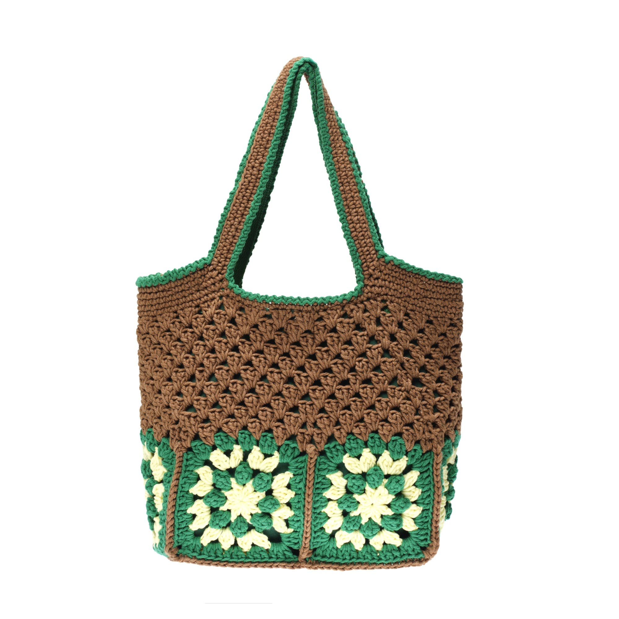 Brown Green Crochet Granny Square Tote Bag
