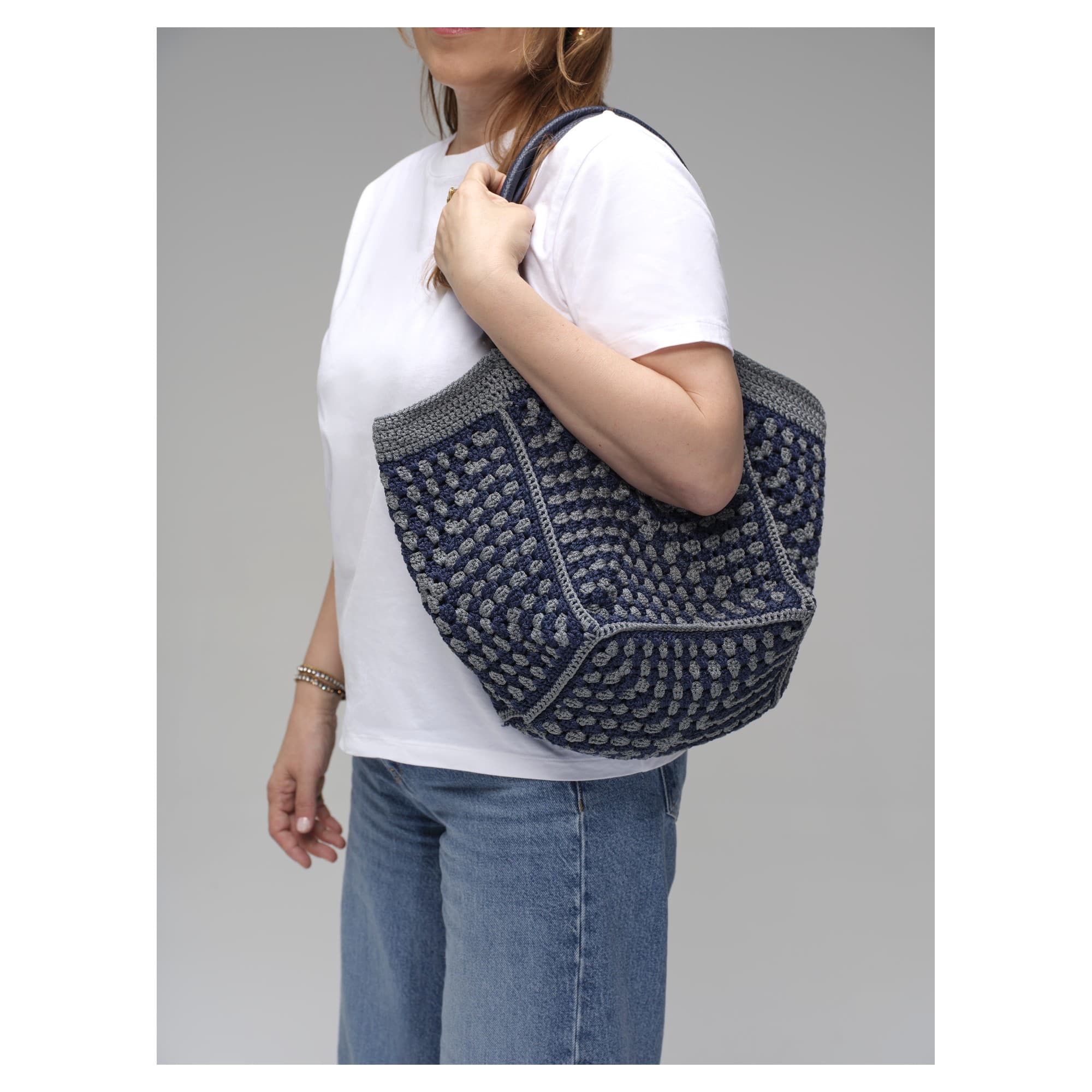 Navy Silver Bobble Crochet Tote Bag 4