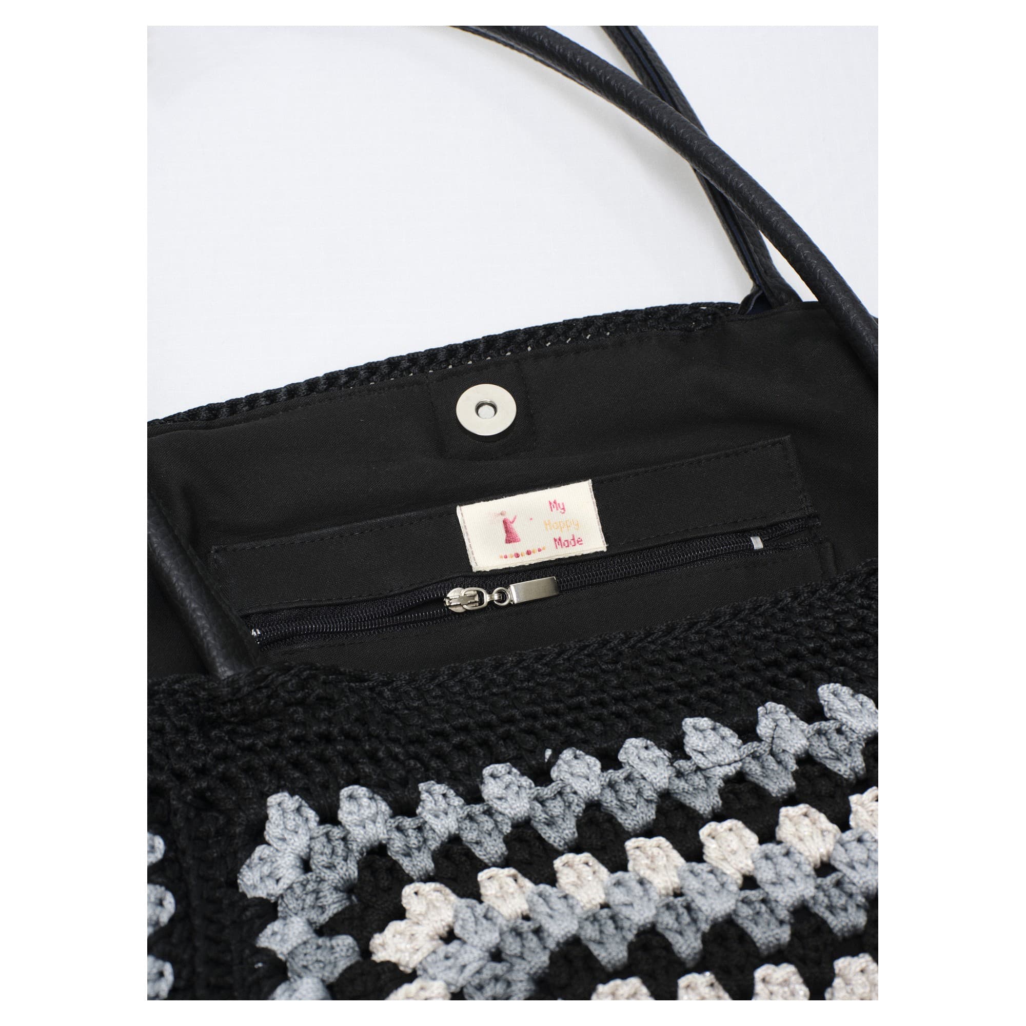 Black Gray Crochet Granny Square Tote Bag 4
