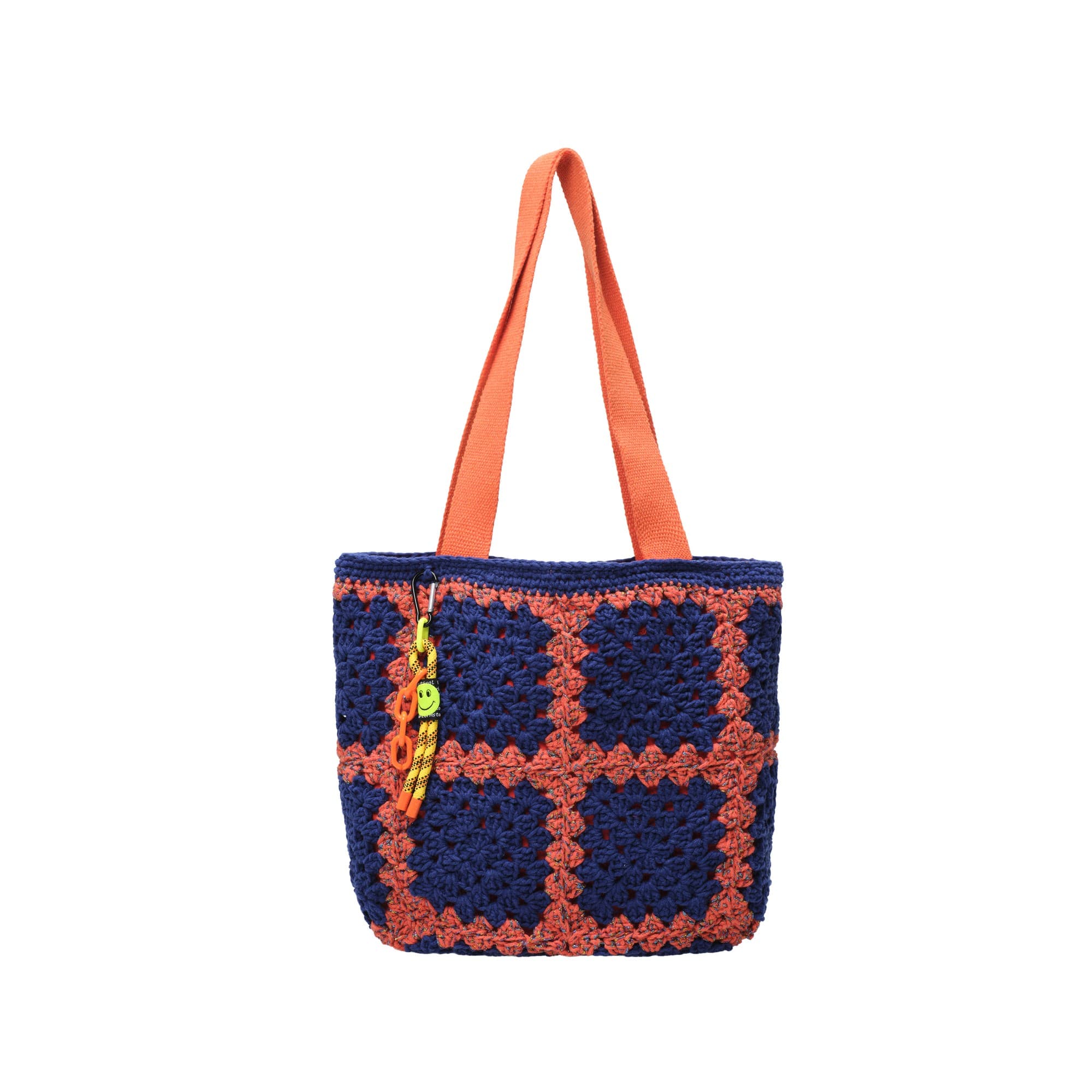 Navy Blue Orange Crochet Charm Tote Bag