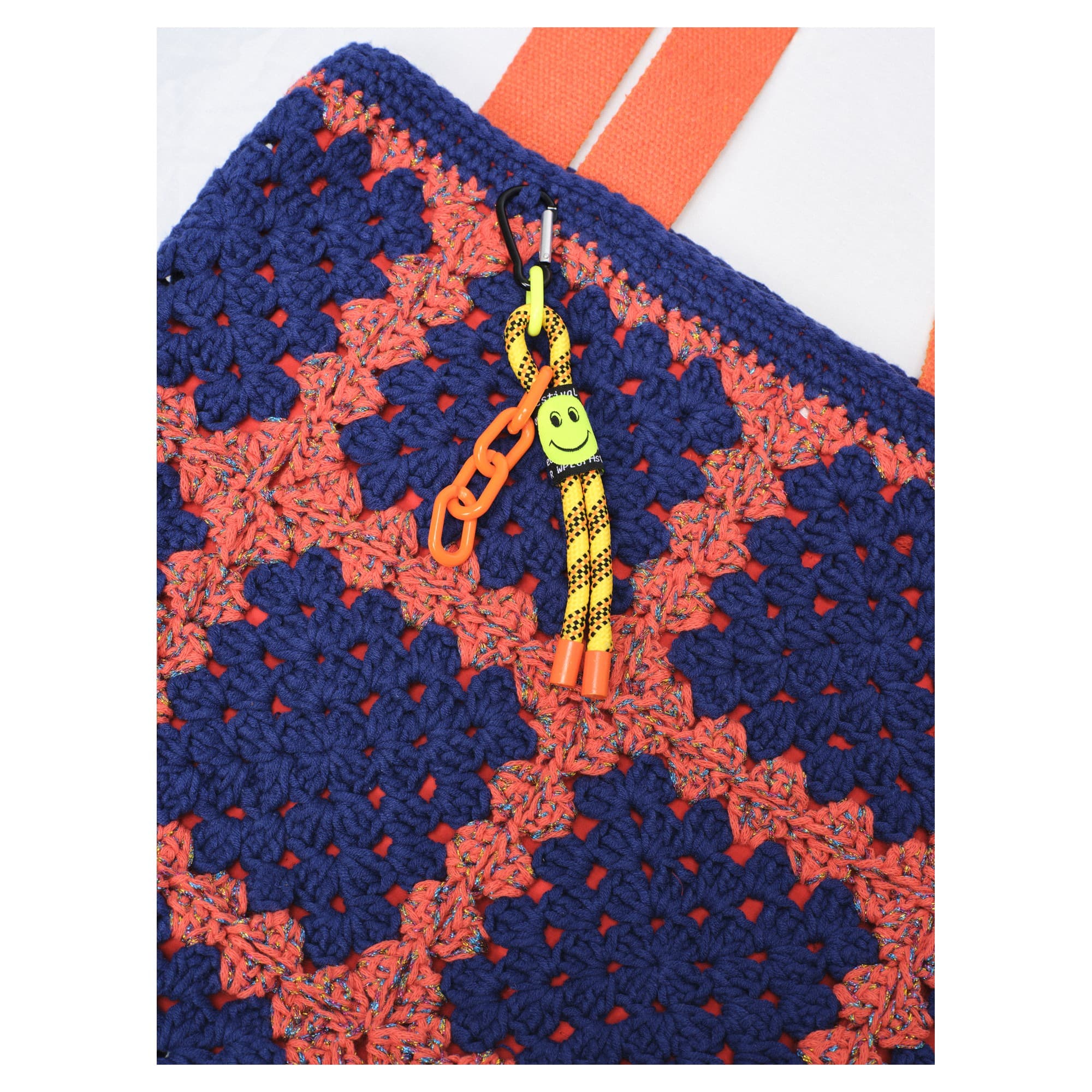 Navy Blue Orange Crochet Charm Tote Bag 3