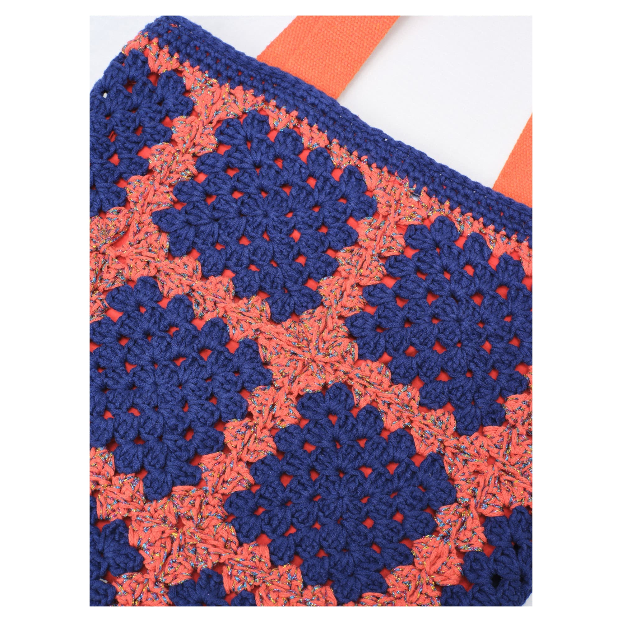 Navy Blue Orange Crochet Charm Tote Bag 4