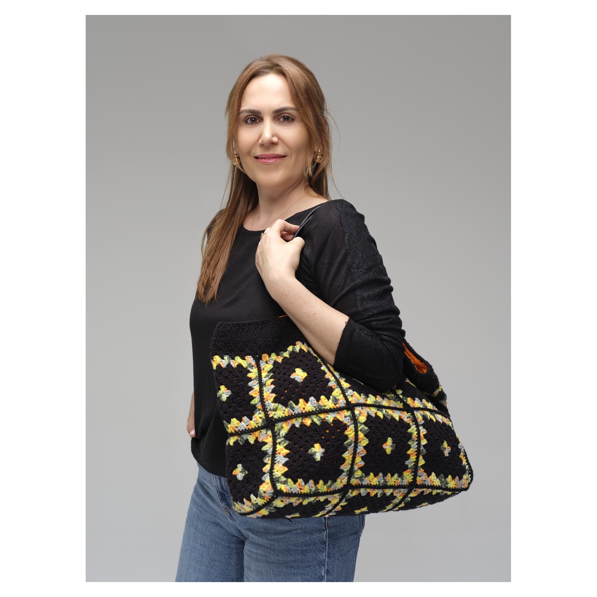 Black Yellow Crochet Large Tote Bag 4