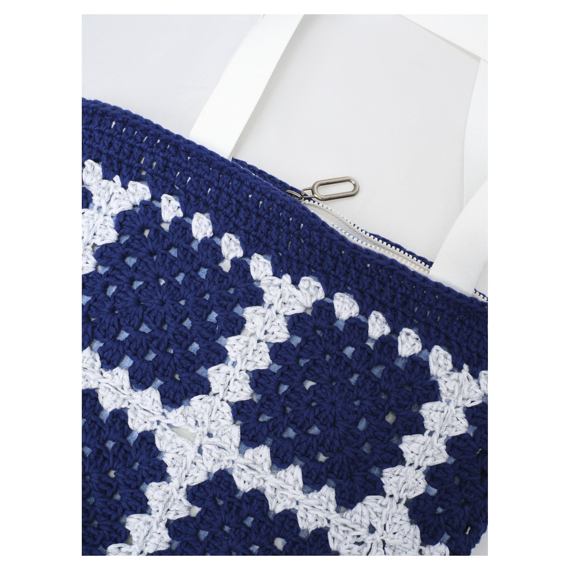 Navy White Daisy Crochet Tote Bag 3