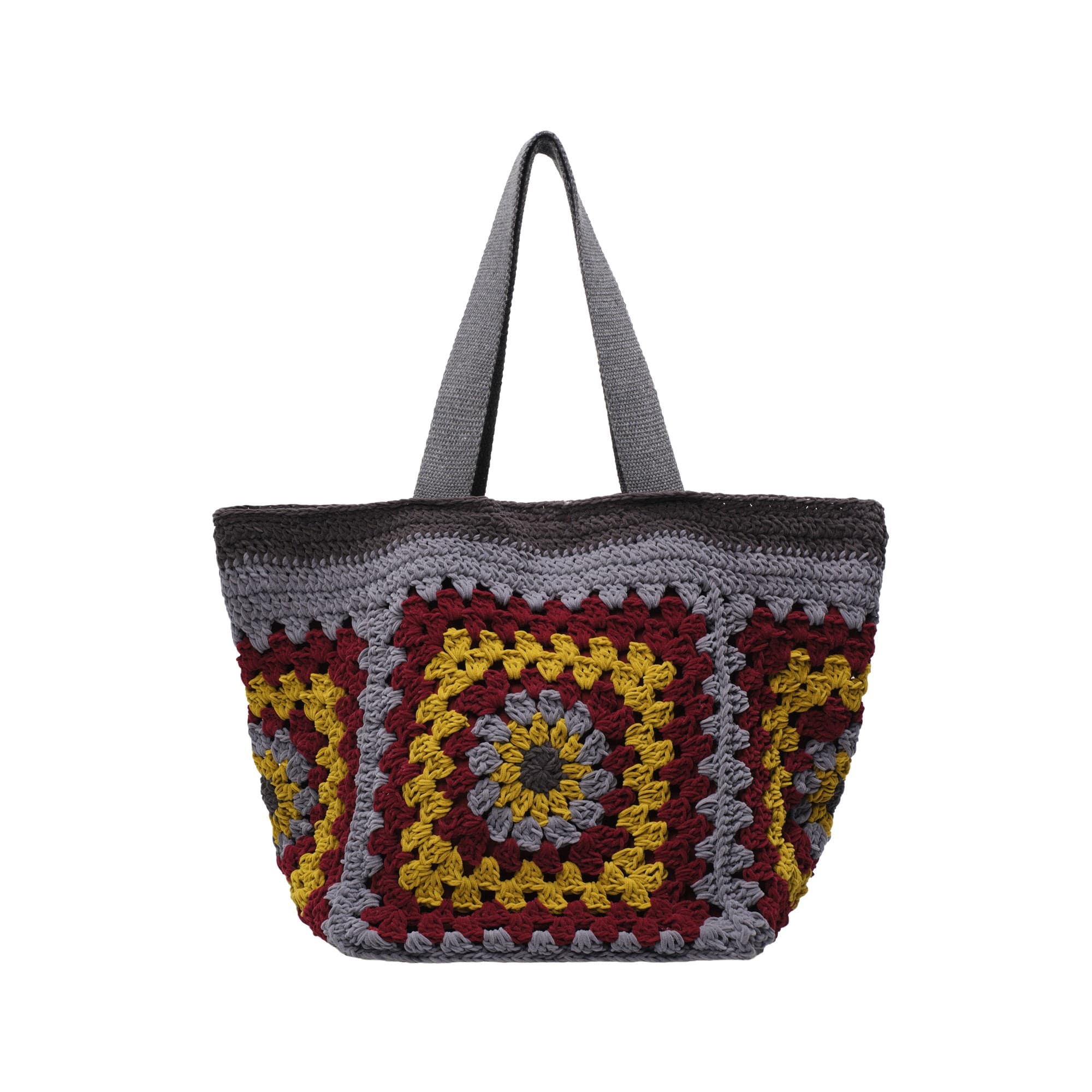 Gray Burgundy Crochet Harvest Tote Bag