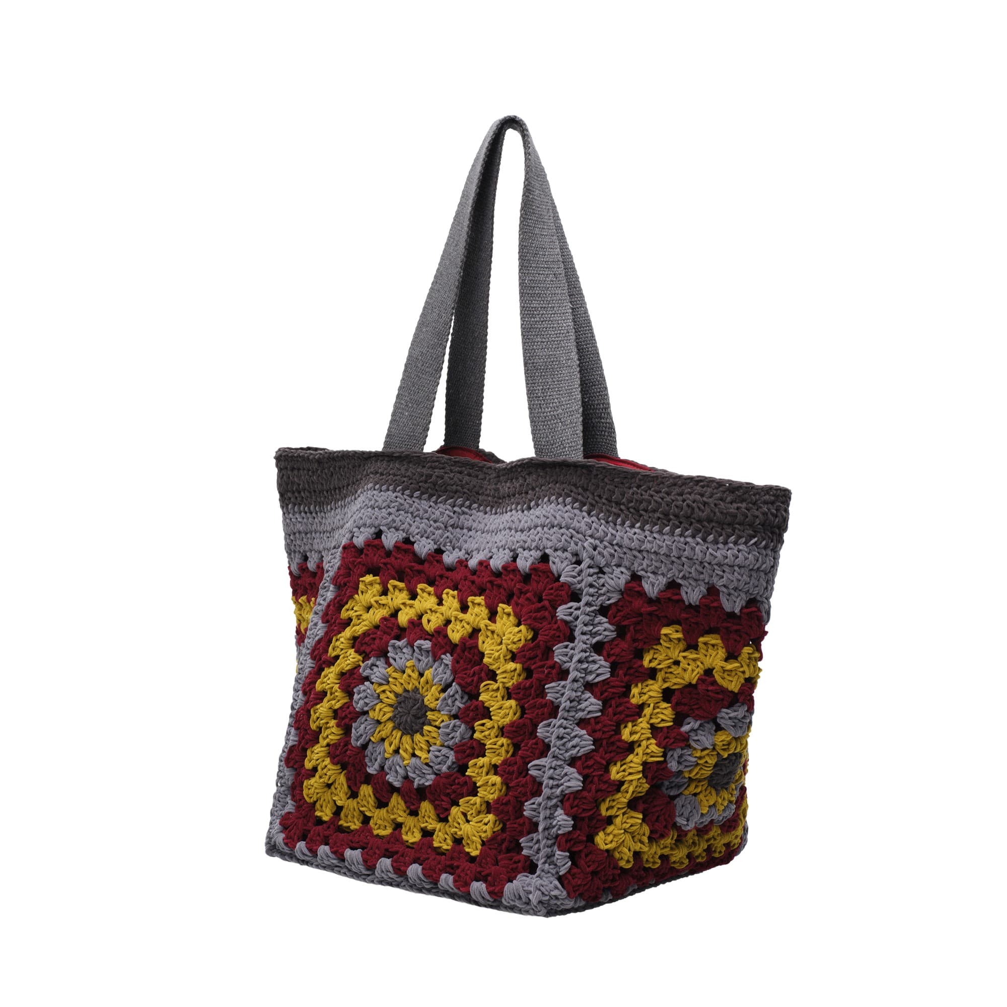 Gray Burgundy Crochet Harvest Tote Bag — 2