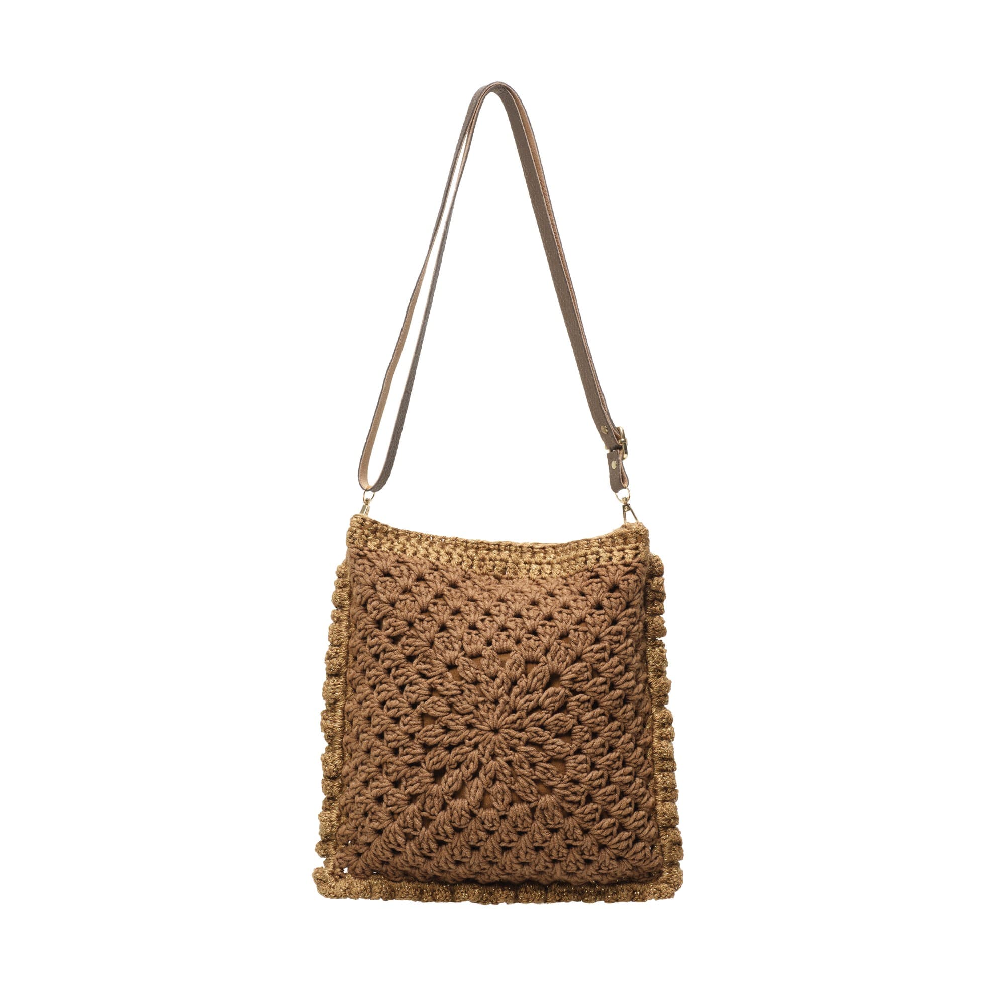 Caramel Brown Crochet Flower Crossbody Bag