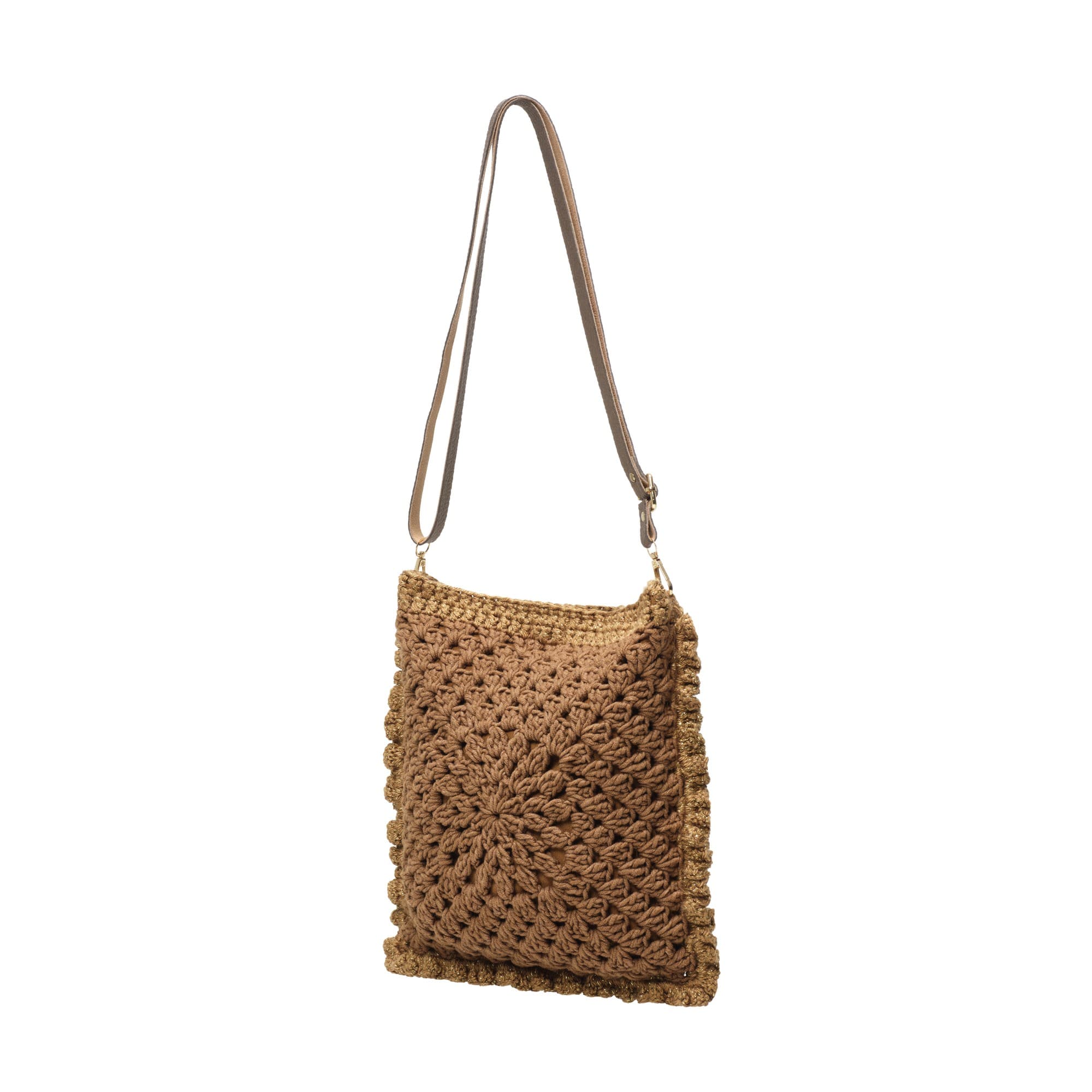 Caramel Brown Crochet Flower Crossbody Bag — 2