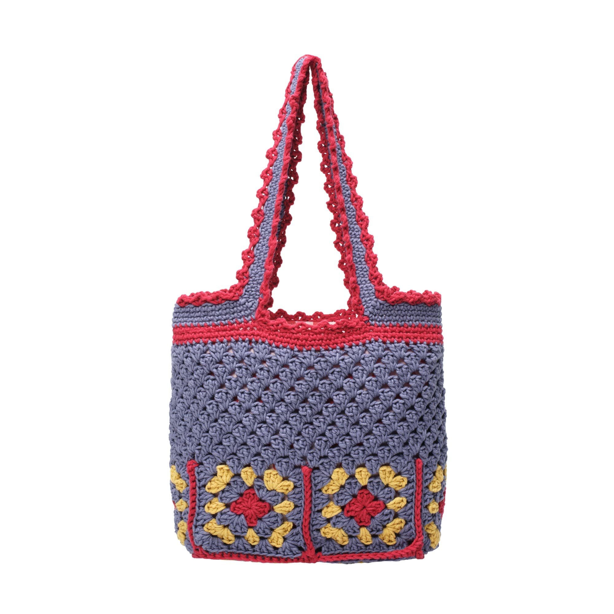 Slate Blue Red Crochet Granny Square Tote Bag
